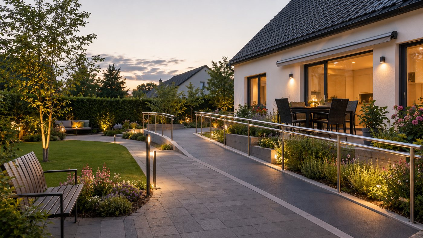Barrierefreie Terrasse mit Rampe und Geländer – schwellenloser Zugang von Lokaj Bau