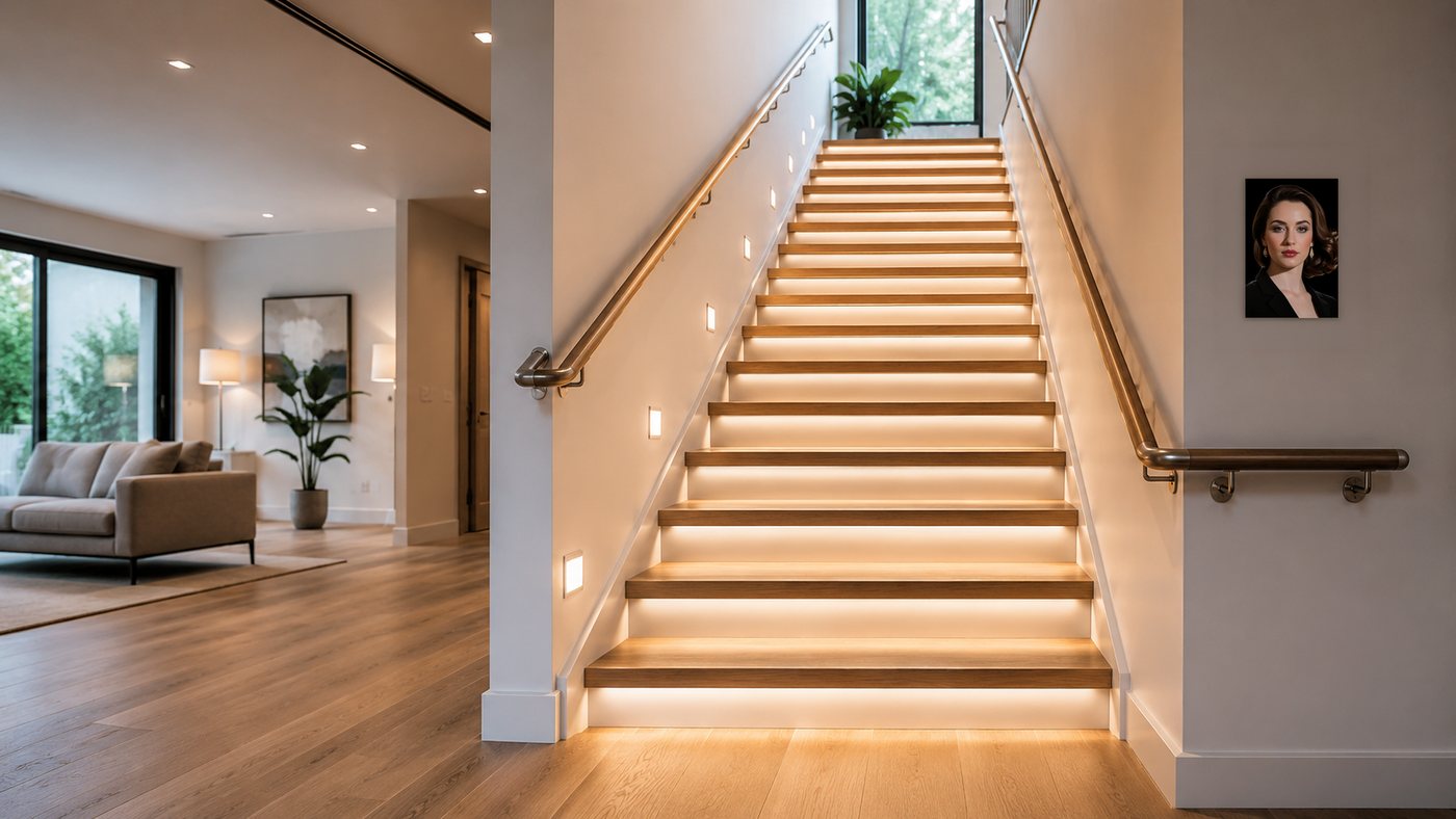Beleuchtete Treppe mit Handläufen und LED-Stufenbeleuchtung für sicheres Begehen